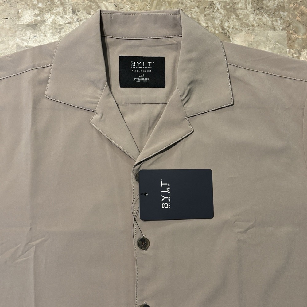 BYLT Shirt Mens Large Khaki Tan Paloma Woven Short Sleeve Camp Collar Button